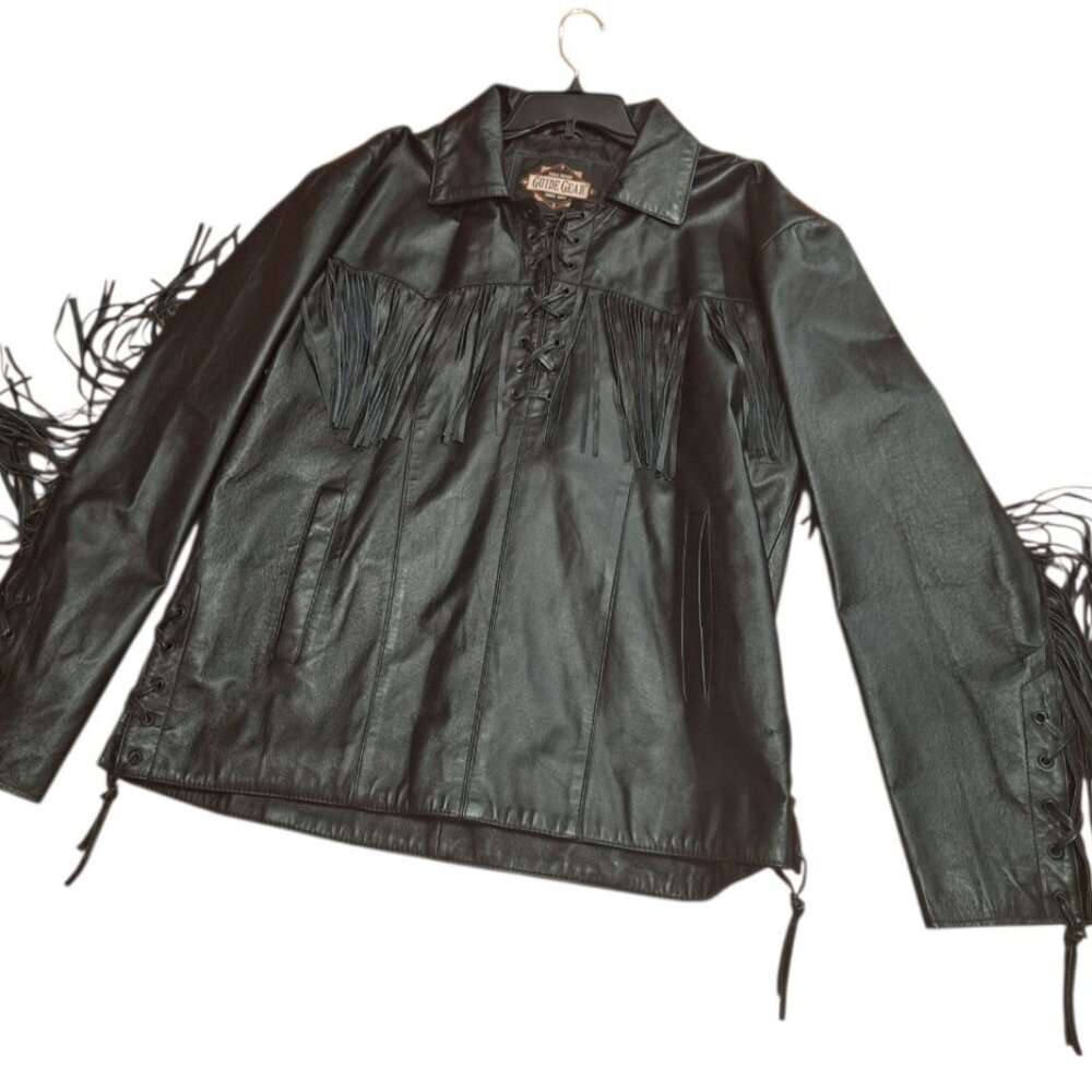 Vintage Guide Gear Fringed 100% Genine Leather Black Jacket Lace up MOTO HIPPIE